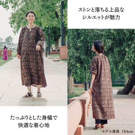 インド綿 アジュラック ワンピース ブロックプリント レディース ロング丈 ブラック/レッド/グリーン