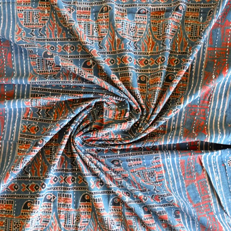 マルチクロス　刺し子　約145×235cm　インド綿　ブロックプリント　アジュラック　インディゴ×鳥