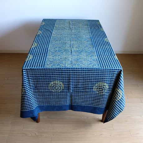 マルチクロス　約145×224cm　インド綿　ブロックプリント　アジュラック　ターコイズ×紋章