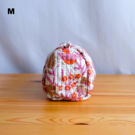 ポーチ　インド綿　ブロックプリント　ピンクプラント