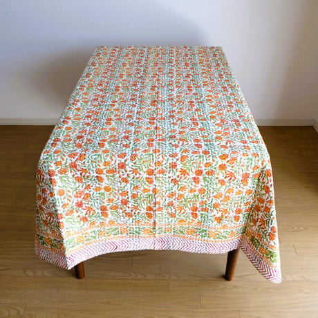 マルチクロス　刺し子　約152×228㎝　インド綿　ブロックプリント　イエローフラワー