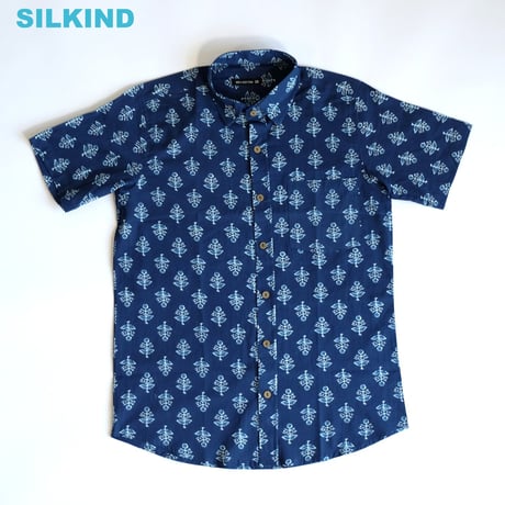 ショートスリーブシャツ　ブロックプリント　Medium/Large　インディゴ×リーフ