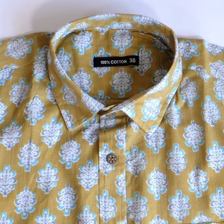 ショートスリーブシャツ　ブロックプリント　Medium/Large　オリーブ×小花