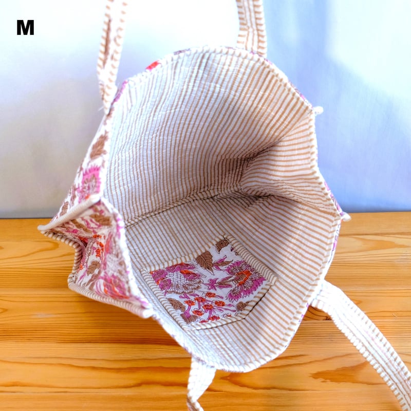 トートバッグ インド綿 ブロックプリント ピンクプラント | インド雑貨