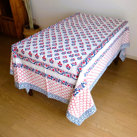 マルチクロス　約152×228㎝　インド綿　ブロックプリント　ブルーレッド