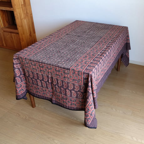 マルチクロス　刺し子　約145×235cm　インド綿　ブロックプリント　アジュラック　ブラウン×紋章
