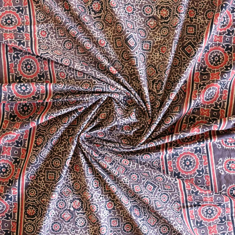 マルチクロス　約145×224cm　インド綿　ブロックプリント　アジュラック　ブラウン×紋章
