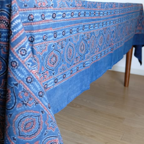 マルチクロス　約145×224cm　インド綿　ブロックプリント　アジュラック　インディゴ×紋章