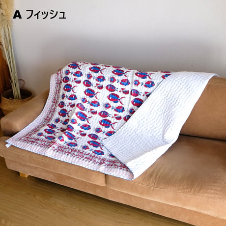 ベビーキルト　敷きパッド　約100×150㎝　刺し子　インド綿　ブロックプリント