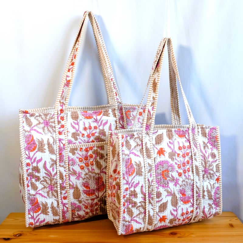 トートバッグ インド綿 ブロックプリント ピンクプラント | インド雑貨