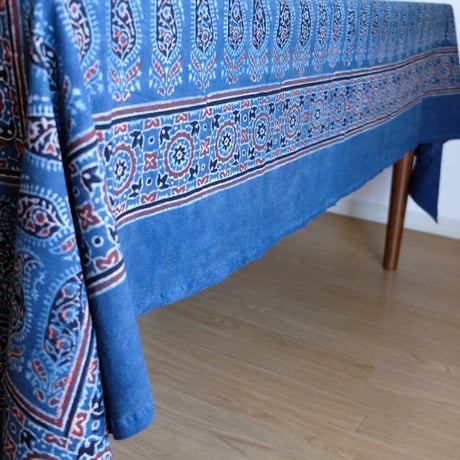 マルチクロス　約145×224cm　インド綿　ブロックプリント　アジュラック　インディゴ×縦縞