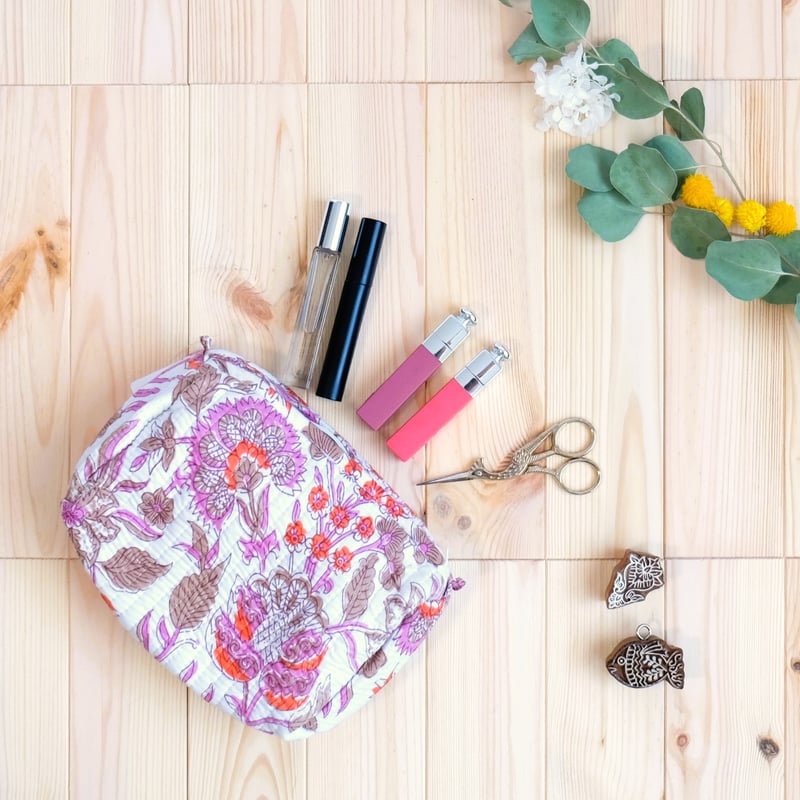 ポーチ インド綿 ブロックプリント ピンクプラント | インド雑貨のお店