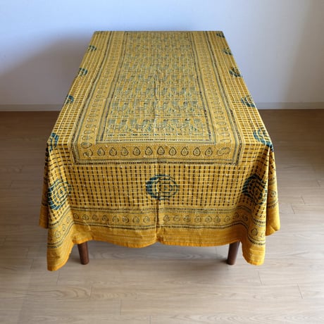 マルチクロス　刺し子　約145×235cm　インド綿　ブロックプリント　アジュラック　イエロー×鳥