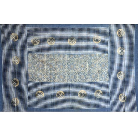マルチクロス　約145×224cm　インド綿　ブロックプリント　アジュラック　ターコイズ×紋章