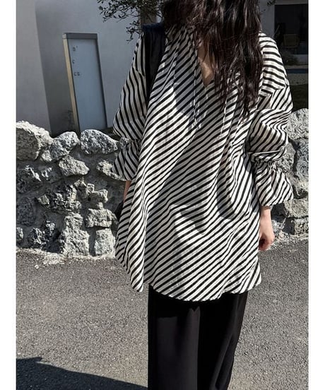drawstring stripe tunic blouse　　IR1640