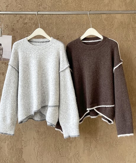 stitched design round neck sweater /2color　　IR1552