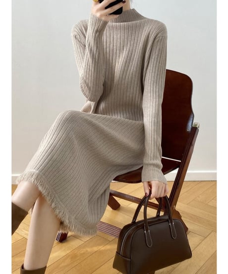fringe hem rib knit dress　　IR1682