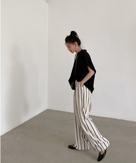 cotton linen striped wide pants　　IR1350