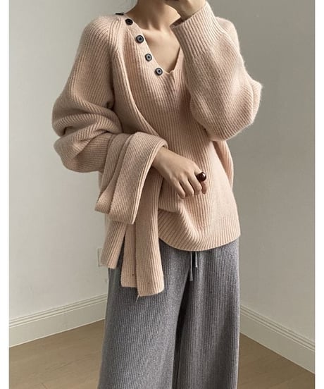 V neck knit pullover+muffler set /4color　　IR1555