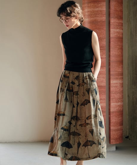 retro print sleeveless + pleated skirt　　IR1357