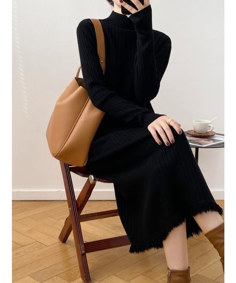 fringe hem rib knit dress　　IR1682