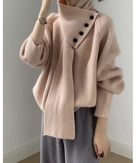 V neck knit pullover+muffler set /4color　　IR1555