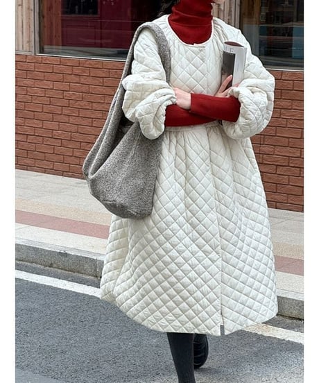collarless quilted long coat /2color　IR1566