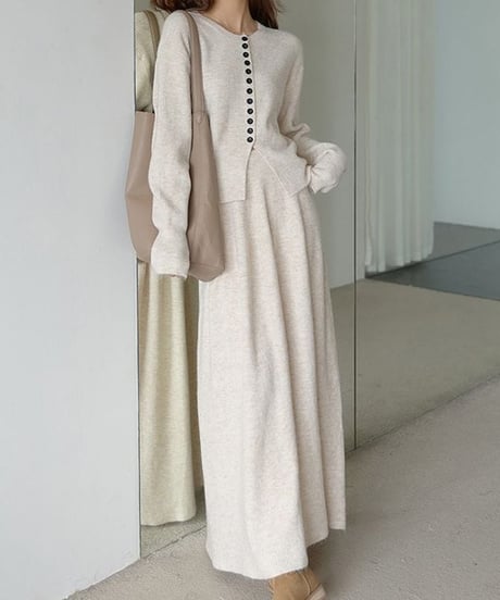 front slit rib knit cardigan + skirt setup /2color　　IR1562