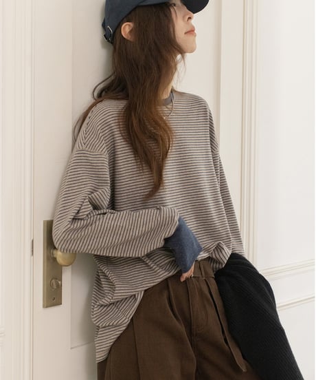 round neck striped cotton shirt /2color　IR1570