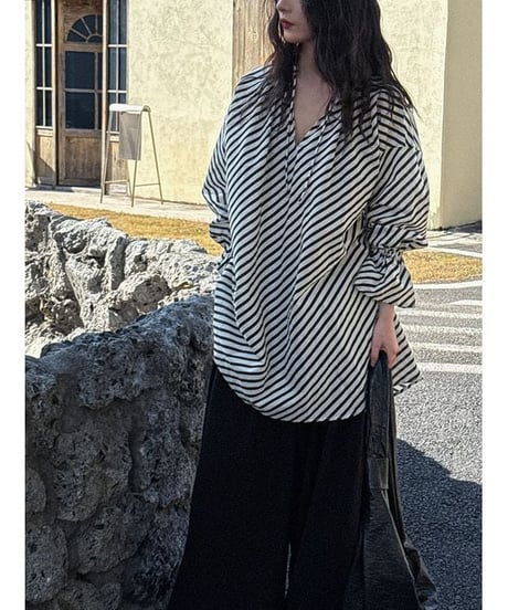 drawstring stripe tunic blouse　　IR1640