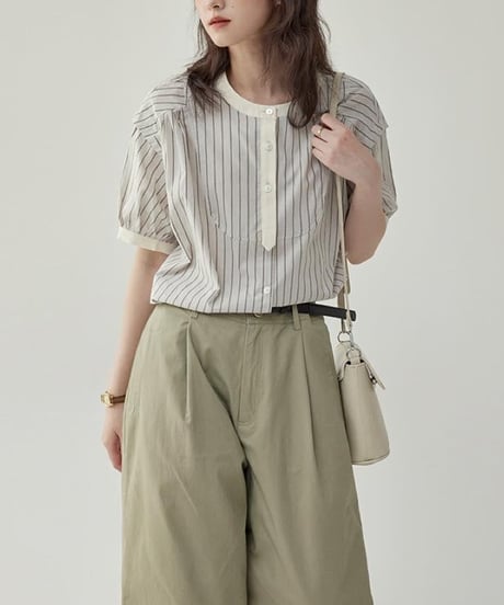striped band collar yoke blouse　　IR1624