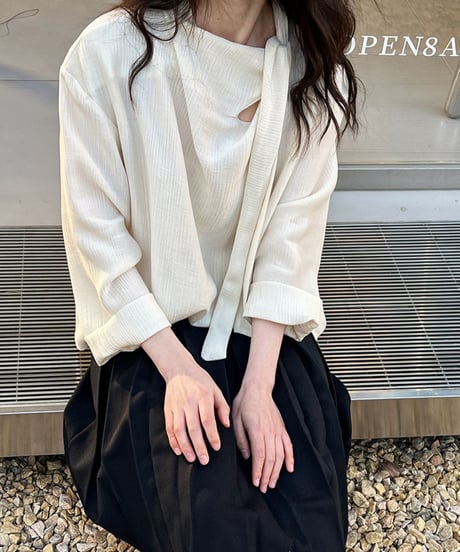 collarless ribbon design blouse /2color　IR1573