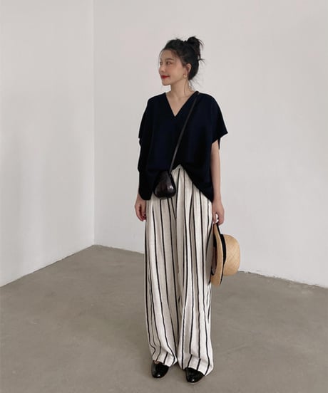 cotton linen striped wide pants　　IR1350