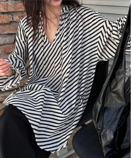 drawstring stripe tunic blouse　　IR1640