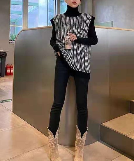 loose high neck knit vest　　IR1554