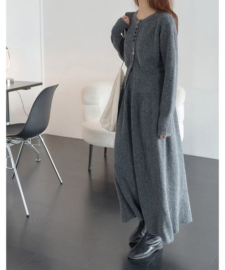 front slit rib knit cardigan + skirt setup /2color　　IR1562
