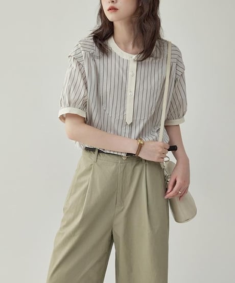 striped band collar yoke blouse　　IR1624