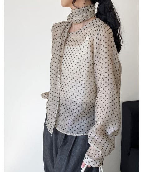 sheer dot blouse bowtie set　　IR1585