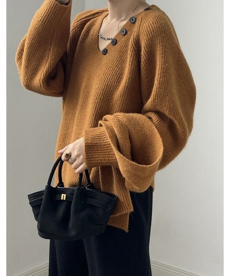 V neck knit pullover+muffler set /4color　　IR1555