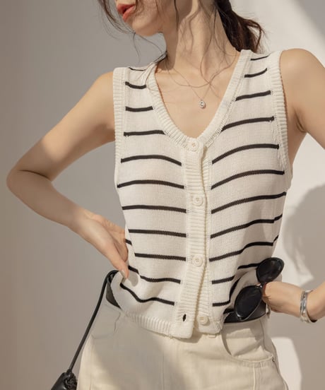 striped button knit vest　　IR1391