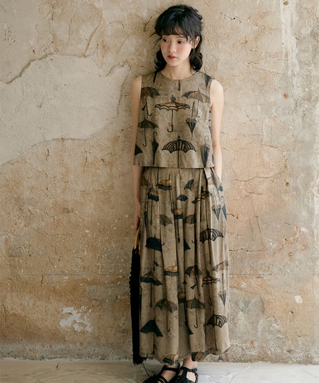 retro print sleeveless + pleated skirt　　IR1357