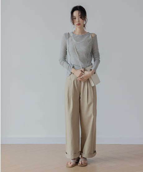 washed cotton feel loose drape pants　IR1381