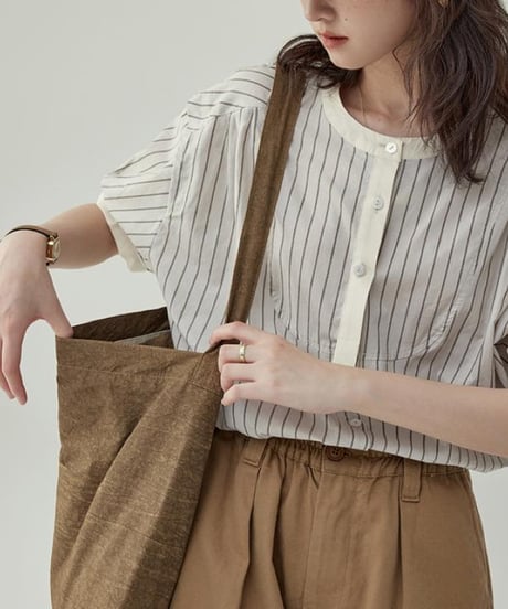 striped band collar yoke blouse　　IR1624
