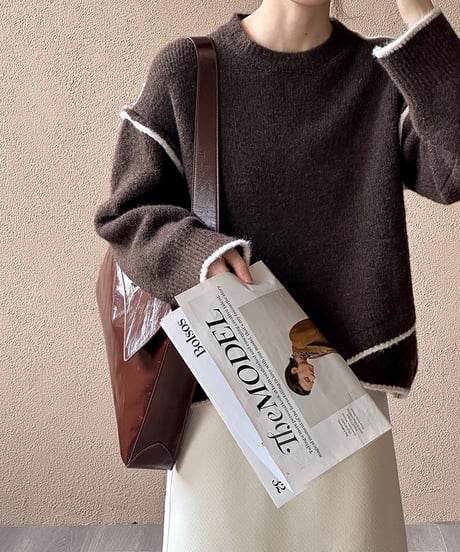 stitched design round neck sweater /2color　　IR1552