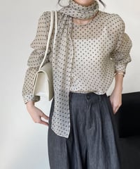 sheer dot blouse bowtie set　　IR1585