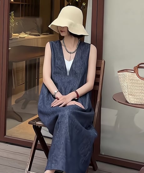 indigo v-neck one-piece　　IR1678