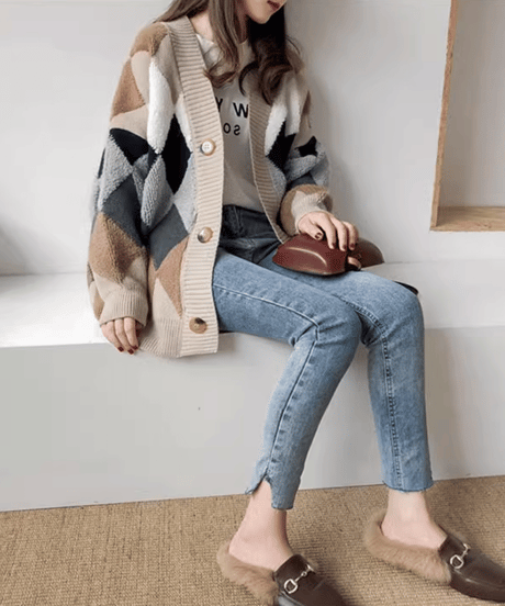 argyle boa knit cardigan　　IR1539