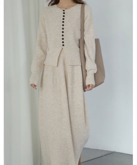 front slit rib knit cardigan + skirt setup /2color　　IR1562