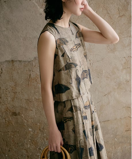 retro print sleeveless + pleated skirt　　IR1357