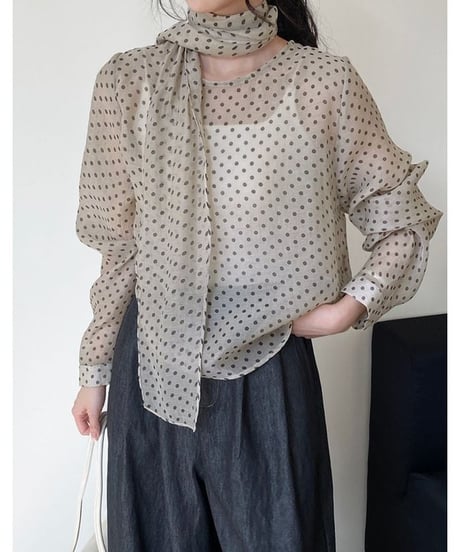 sheer dot blouse bowtie set　　IR1585